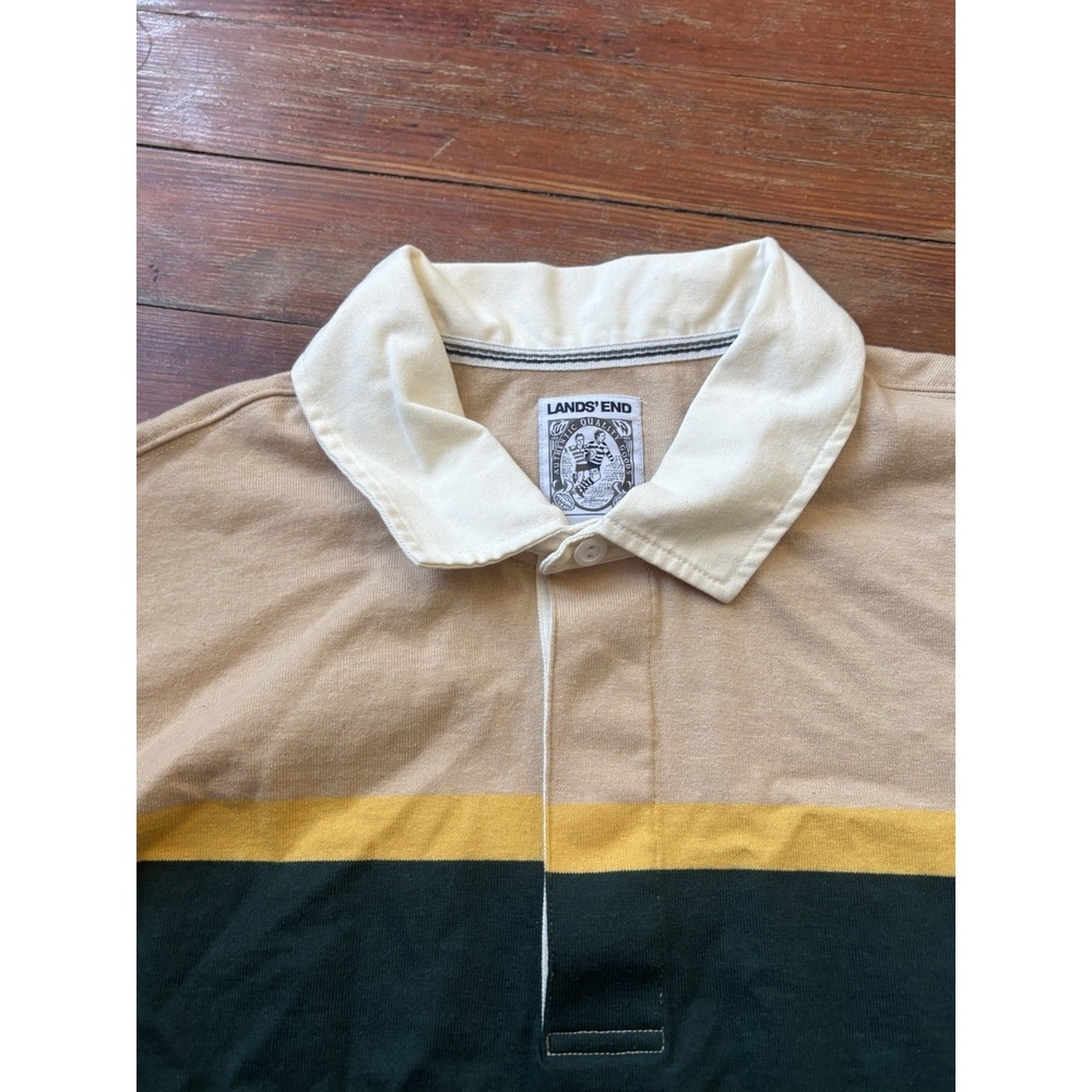Lands End Rugby Shirt 2XL Tall 50-52 Cotton Beige Green Yellow Heavy Long Sleeve - Picture 5 of 9